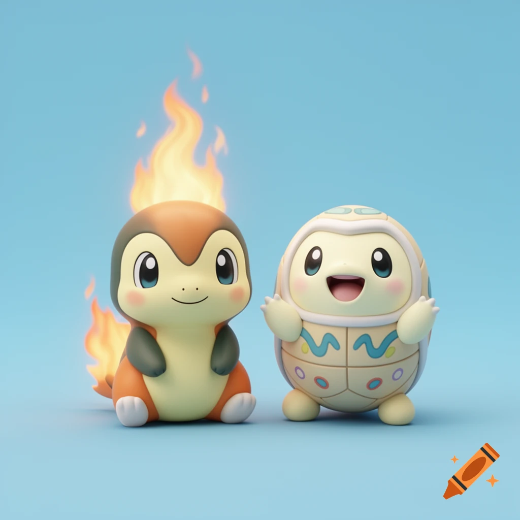 Two cute chibi Pok as an egg-shaped Togepi, sitting side-by-side on a light blue background.