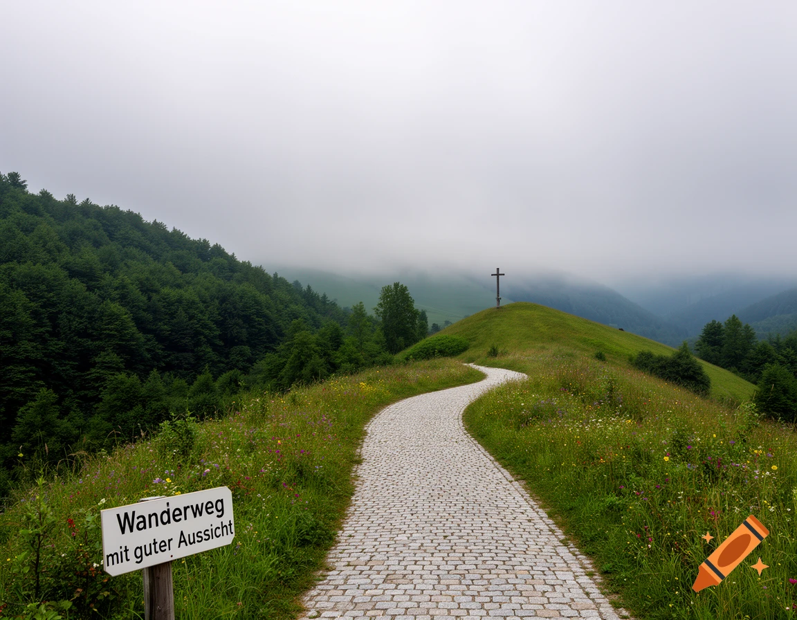 A winding stone path leads to a cross on a grassy hill, surrounded by green forests under a cloudy sky. A sign says 'Wanderweg mit guter Aussicht'.