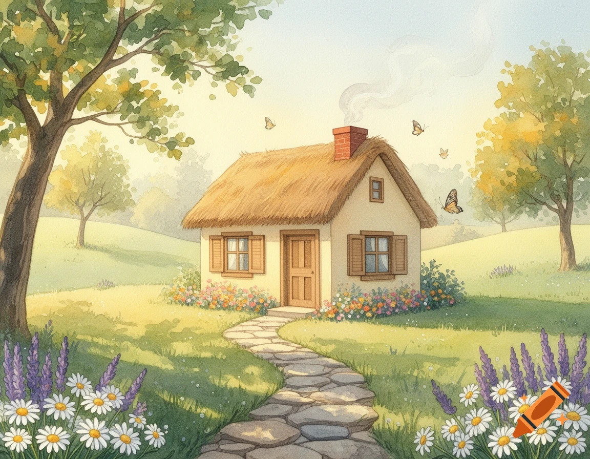 Watercolor illustration of a cozy thatched-roof cottage with a stone path, surrounded by green hills, trees, and colorful flowers, with butterflies.