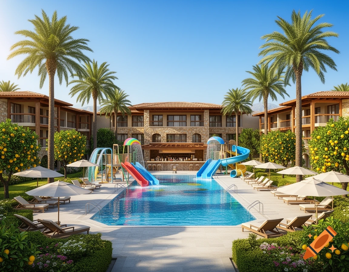 Photorealistic image of a luxurious Mediterranean resort with a swimming pool, colorful water slides, palm trees, lemon trees, and buildings.
