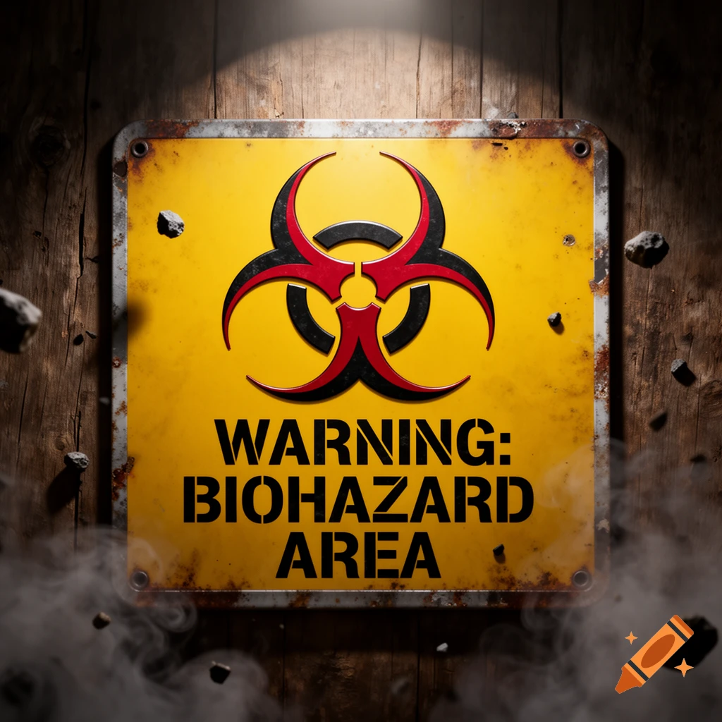 A rusty yellow warning sign with a black and red biohazard symbol and the text "WARNING: BIOHAZARD AREA" on a dark wooden background with smoke and debris.