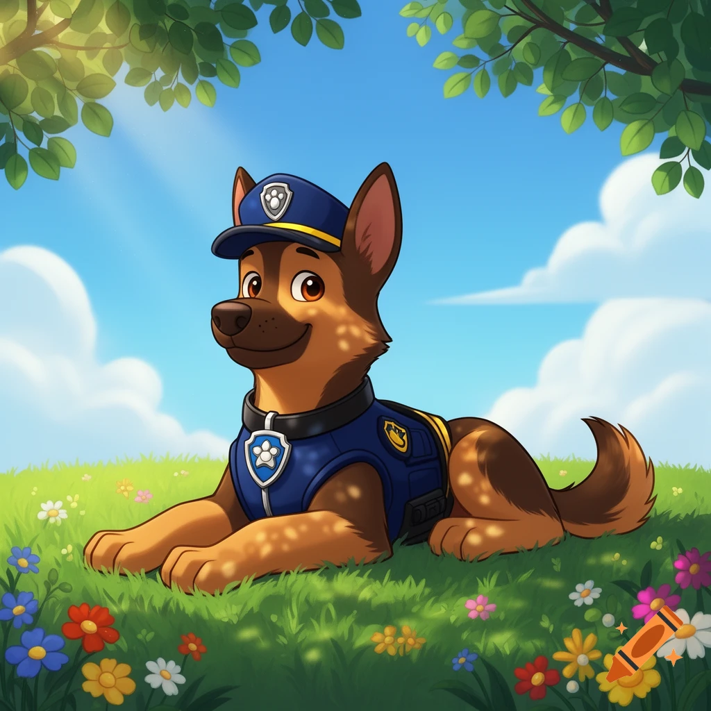 Cartoon dog Chase from Paw Patrol lies in a sunny, flower-filled grassy field under green leaves.