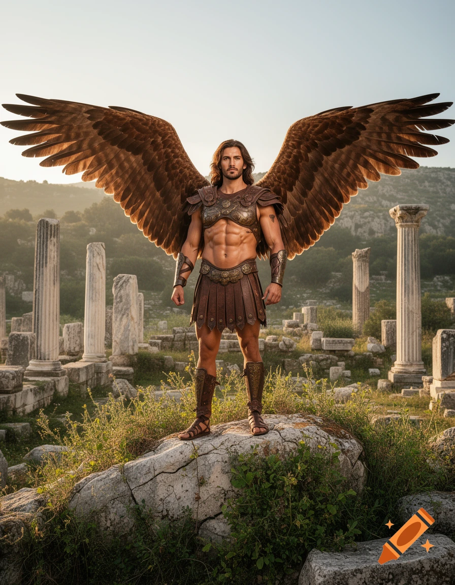 A photorealistic winged Greek warrior with abs, wearing brown armor and sandals, stands on a rock among ancient ruins at sunset.