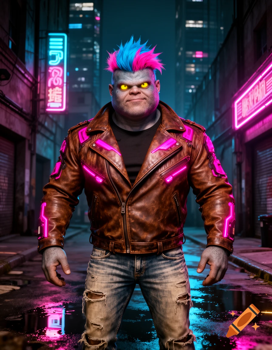 A muscular grey-skinned 'orkin' with spiky blue and pink hair, yellow eyes, wearing a neon-accented leather jacket and ripped jeans in a cyberpunk alley.