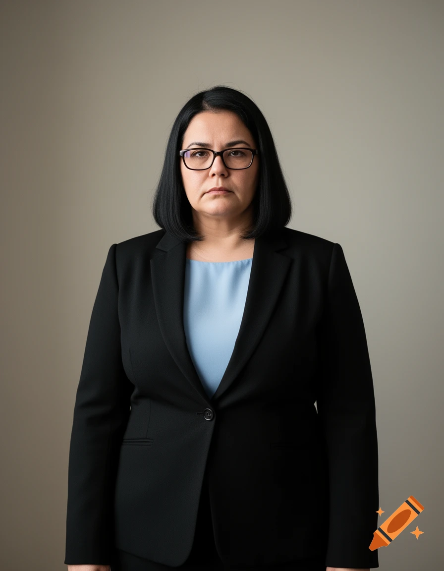 A serious woman with dark mid-length hair and glasses, wearing a black suit and a light blue blouse. Photorealistic.