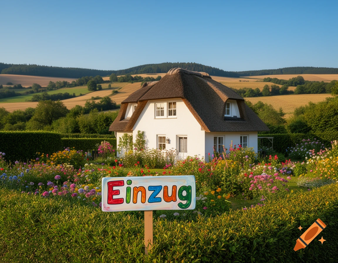 Photorealistic image of a white thatched-roof house in a vibrant flower garden with a 'Einzug' sign, set against rolling hills.