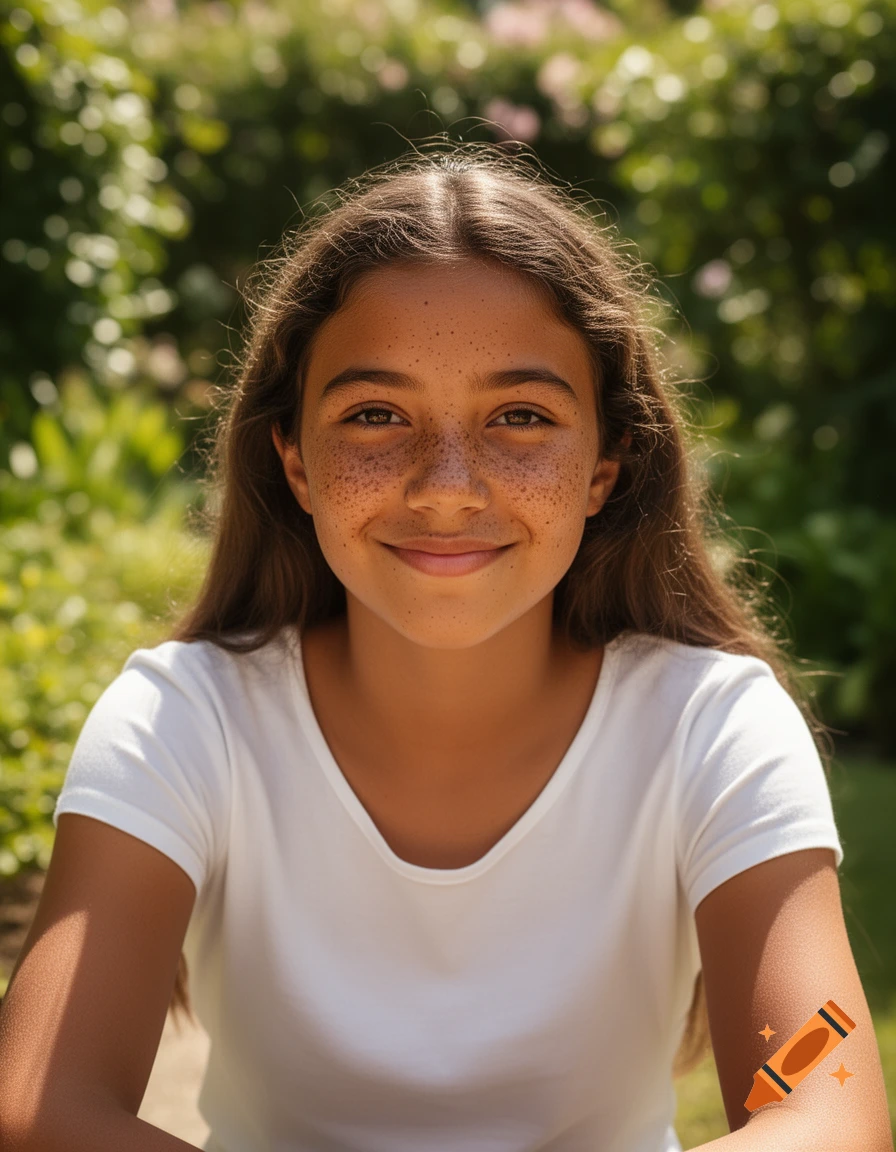 Photorealistic portrait of a smiling young girl with long brown hair and freckles, wearing a white t-shirt, against a blurry green outdoor background.