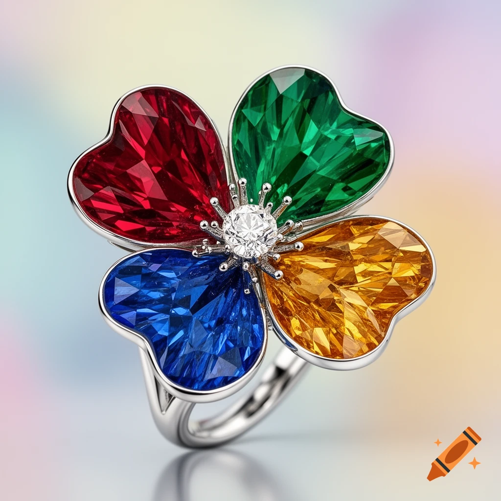A close-up of a silver ring featuring a four-leaf clover design, with heart-shaped faceted gemstones in red, green, blue, and yellow, centered by a brilliant diamond on a soft gradient background.