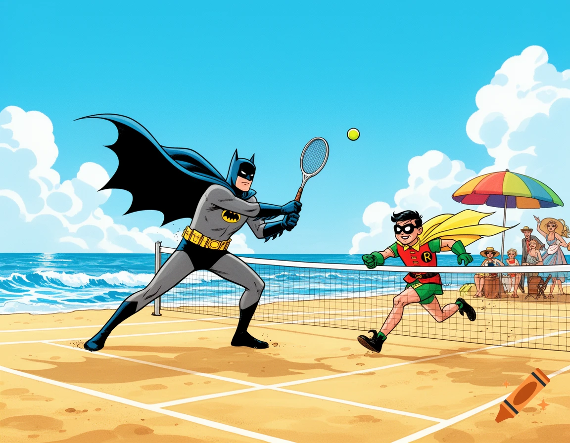 Batman and Robin playing tennis on a sandy beach, with an ocean backdrop and spectators under an umbrella, in a retro comic style.