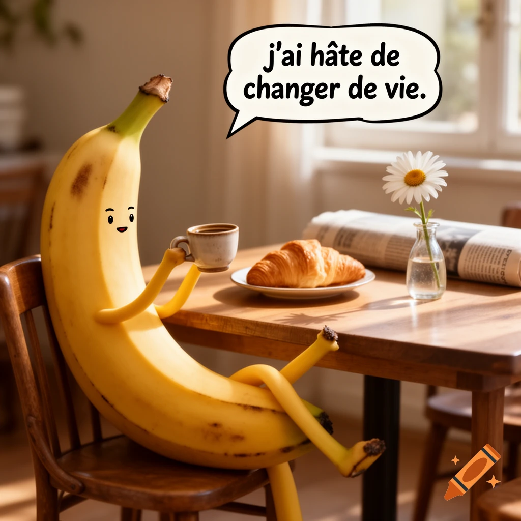 A photorealistic cartoon banana character sits at a table with coffee and croissant, a speech bubble says "j'ai hâte de changer de vie."