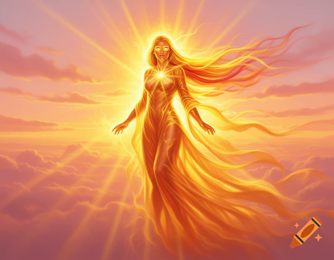A radiant golden woman with flowing hair and glowing eyes stands amidst sunlit clouds, emanating bright sunbeams.