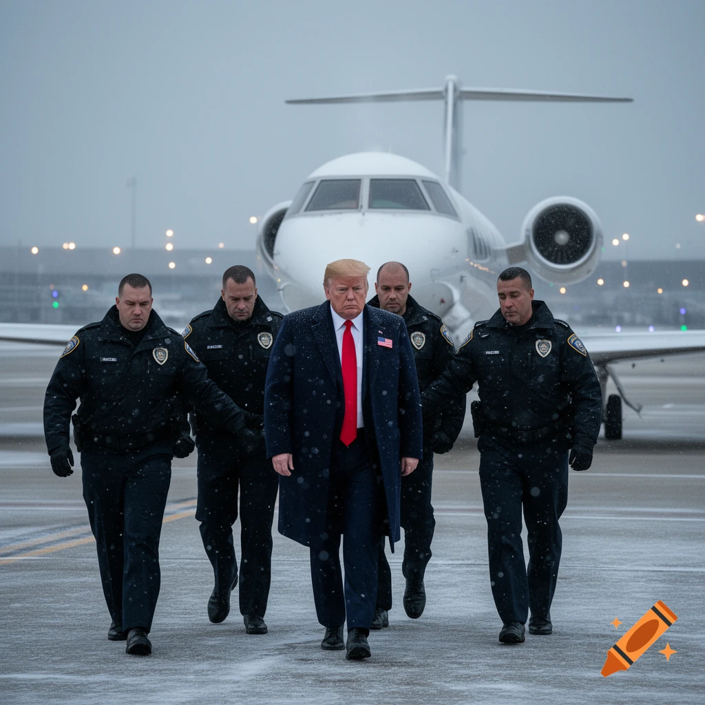 Donald Trump, in a long coat and red tie, walks on a snowy airport tarmac, flanked by four uniformed security officers, with a private jet behind them under a grey sky.