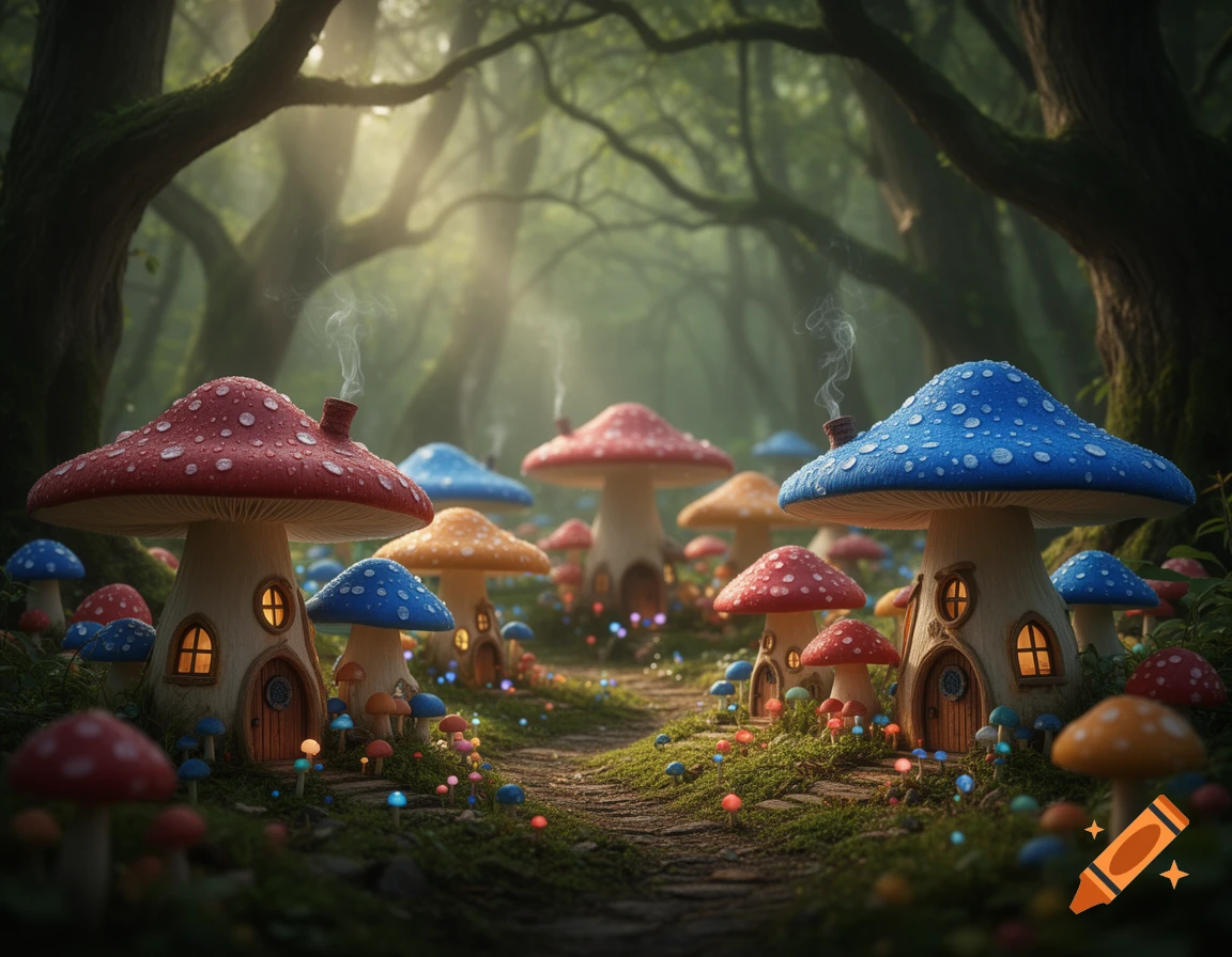 A whimsical fantasy mushroom village with red and blue mushroom houses, glowing windows, and smoking chimneys along a sparkling forest path.