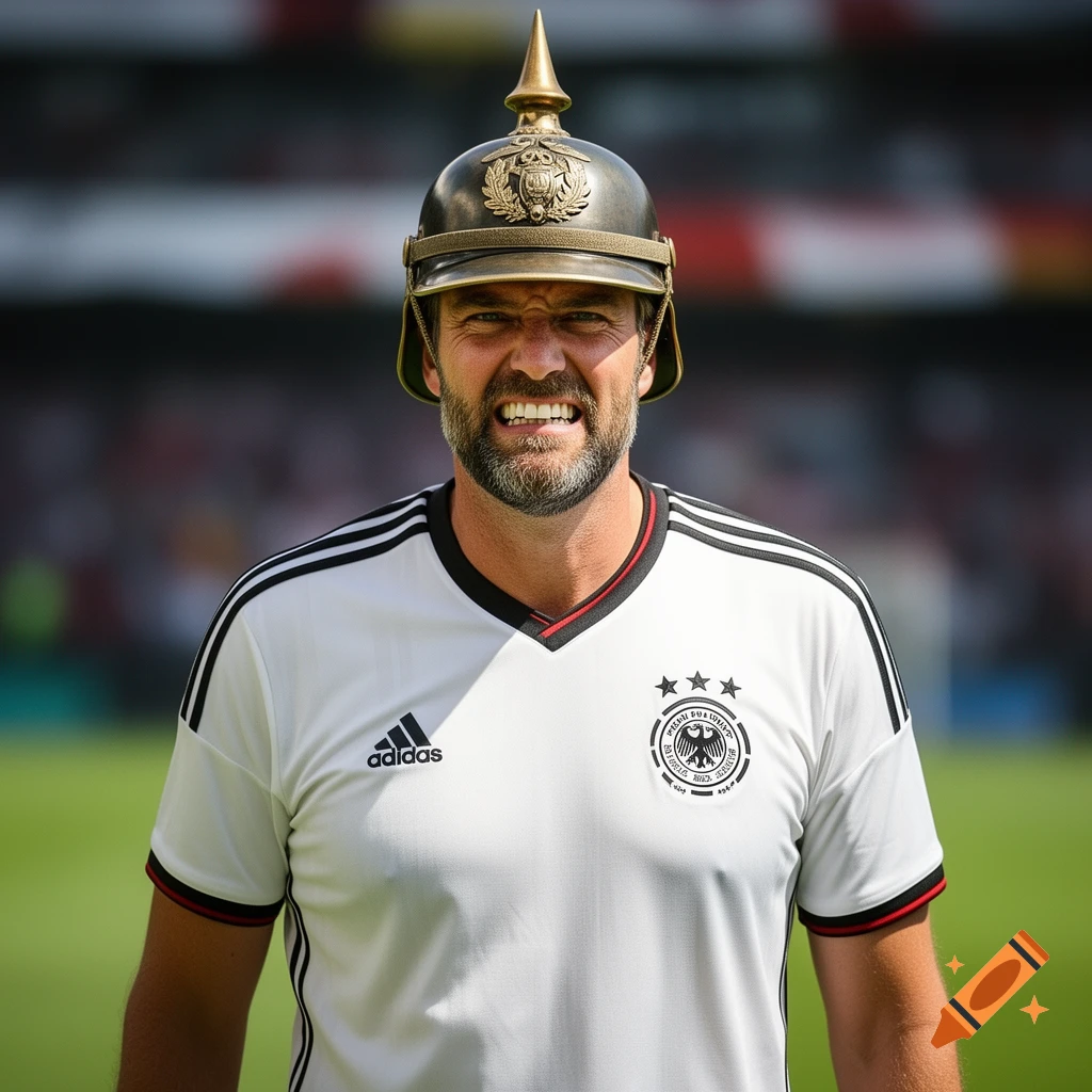 Photorealistic portrait of Jürgen Klopp wearing a German national football jersey and a WWI-era Pickelhaube, grimacing.