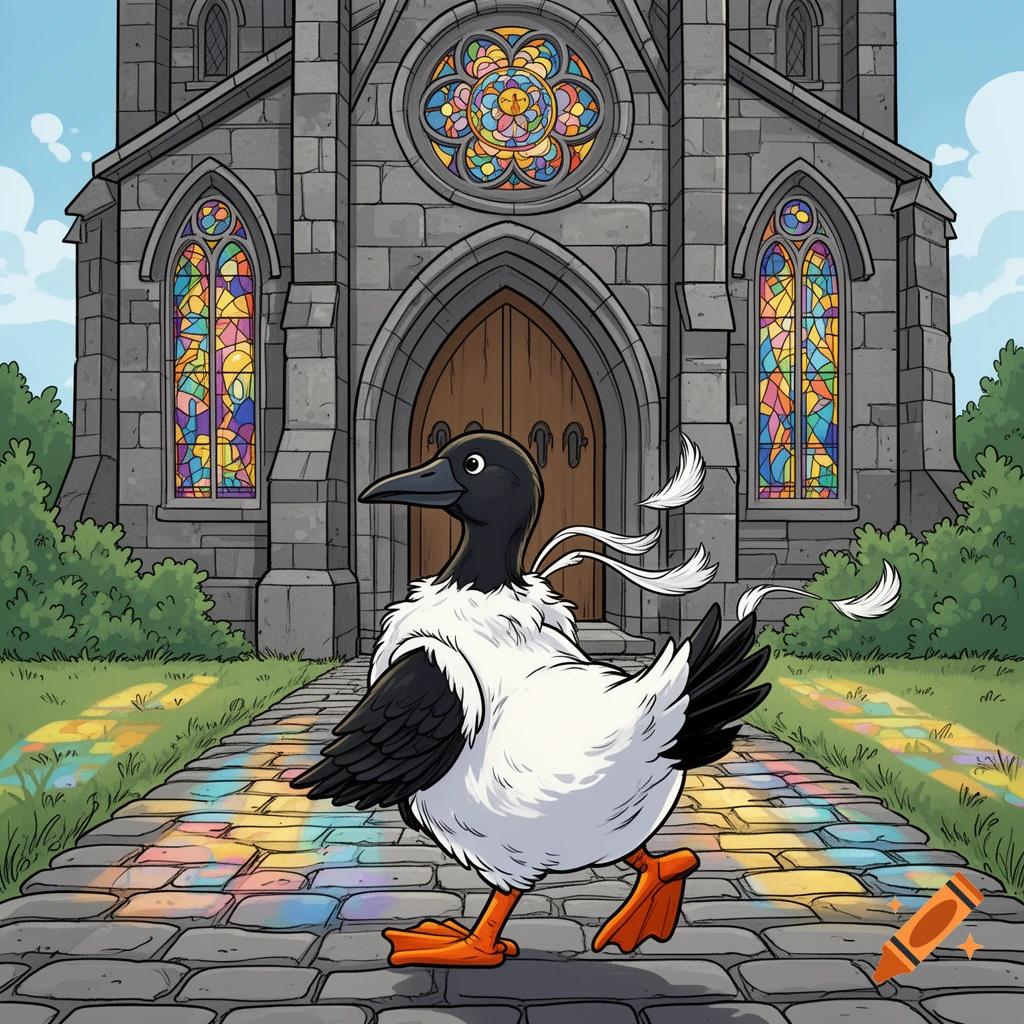 A cartoon black and white bird with orange feet walks on a stone path in front of a gray stone church with colorful stained glass windows.