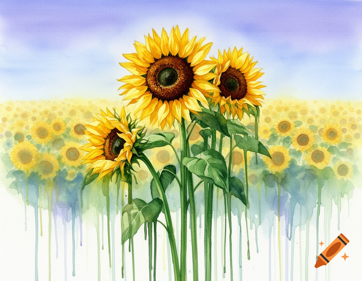 Watercolor painting of three vibrant sunflowers in the foreground, a field of sunflowers in the background, with abstract dripping paint.