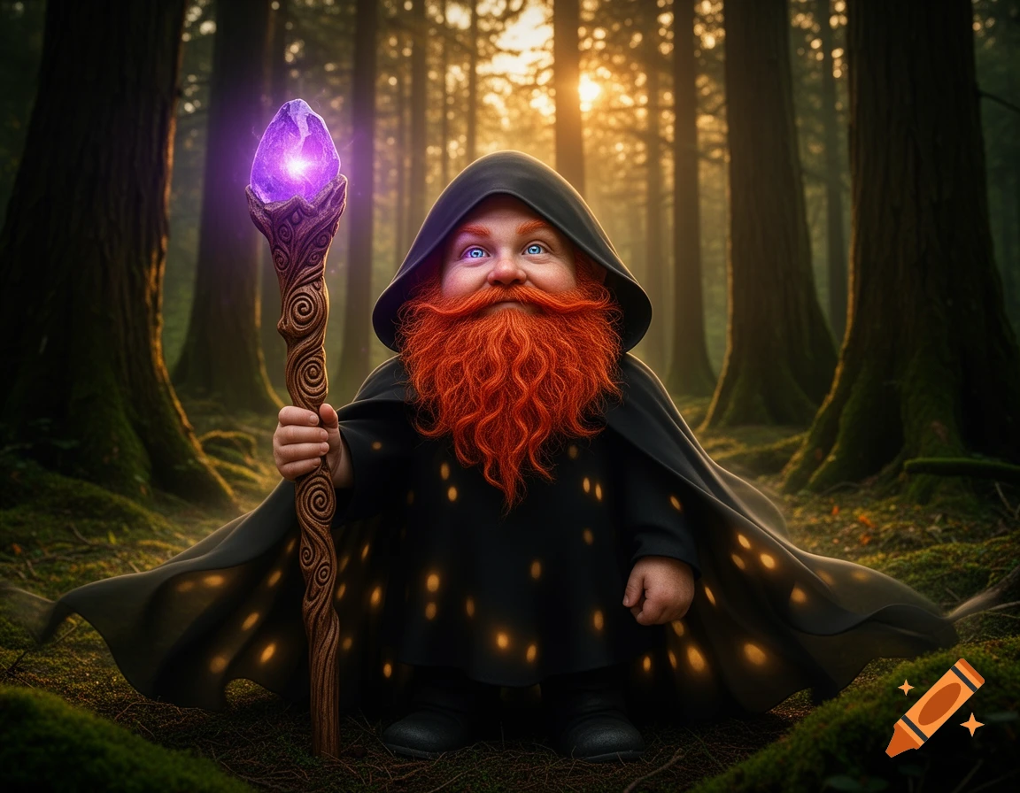 A cute red-bearded gnome in a black cloak holds a magical staff with a glowing purple crystal in a sunlit forest.