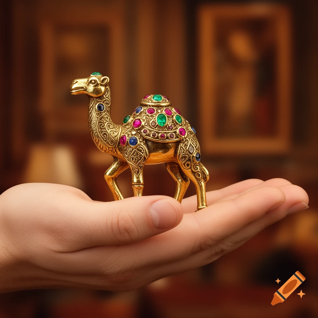 A golden camel figurine adorned with colorful gems, held in the palm of a hand, in a photorealistic style.
