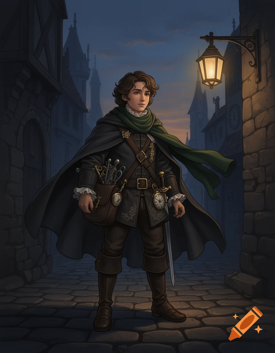 A young man in a dark cloak, green scarf, and historical attire stands on a cobbled street at dusk, illuminated by a lantern.