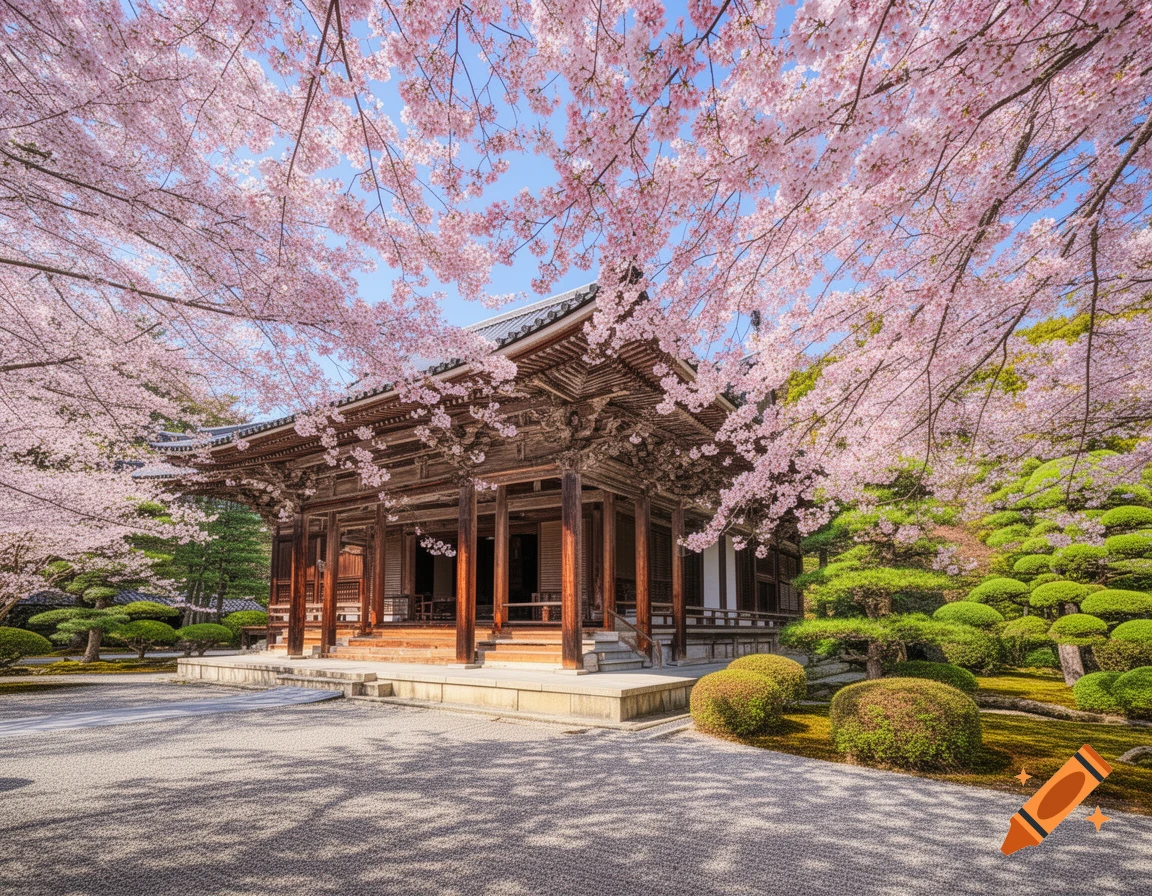 A traditional wooden Japanese temple surrounded by vibrant pink cherry blossom trees and a raked gravel garden under a clear blue sky.