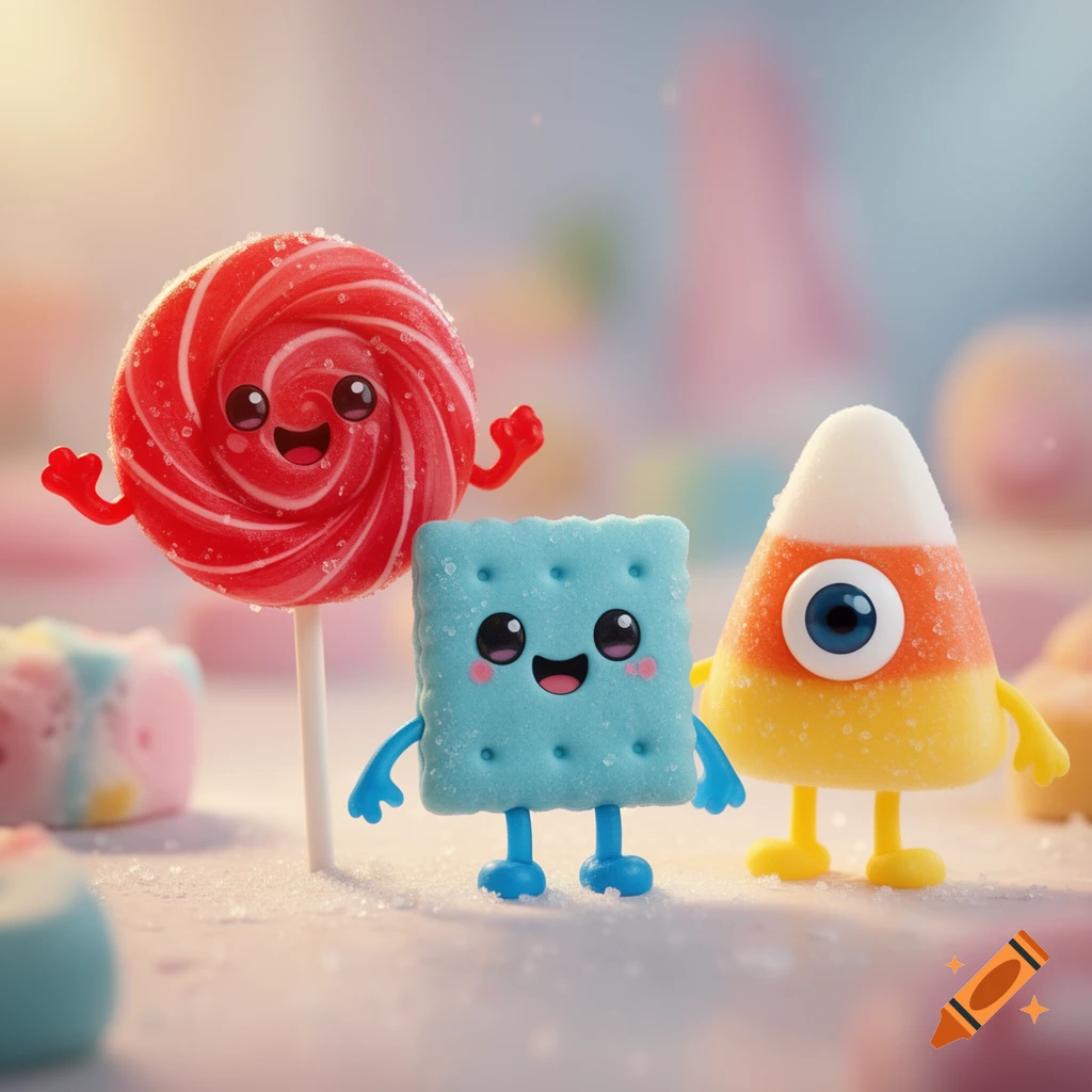 Three kawaii candy characters: a red lollipop, a blue cracker, and a candy corn, standing on a sugared surface.