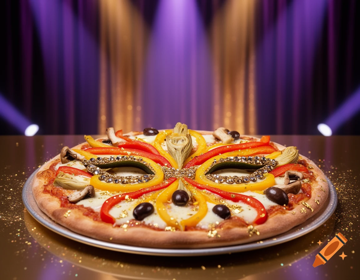 Photorealistic pizza decorated as a colorful masquerade mask with bell peppers, olives, artichokes, and mushrooms, on a glittery stage.
