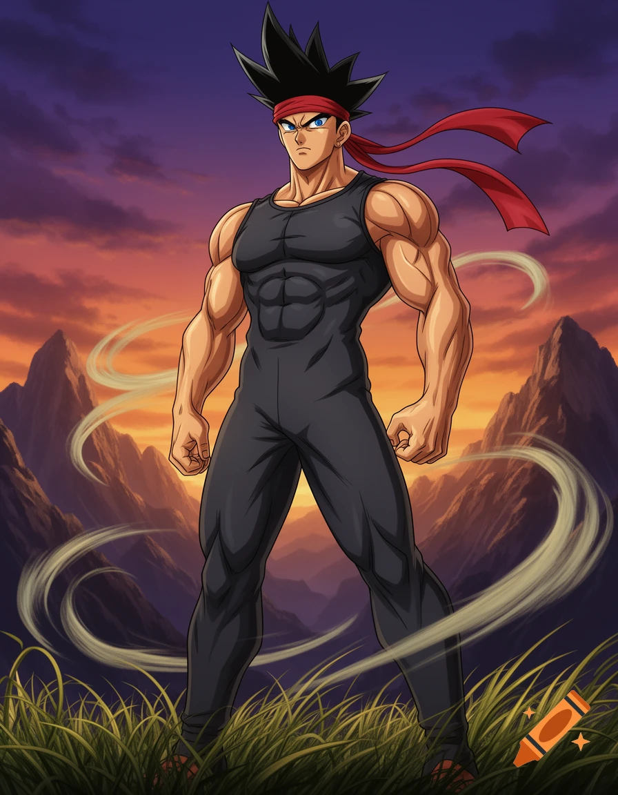 Anime-style muscular male character in a black outfit and red headband, standing in a grassy field with mountains at sunset and swirling wind.