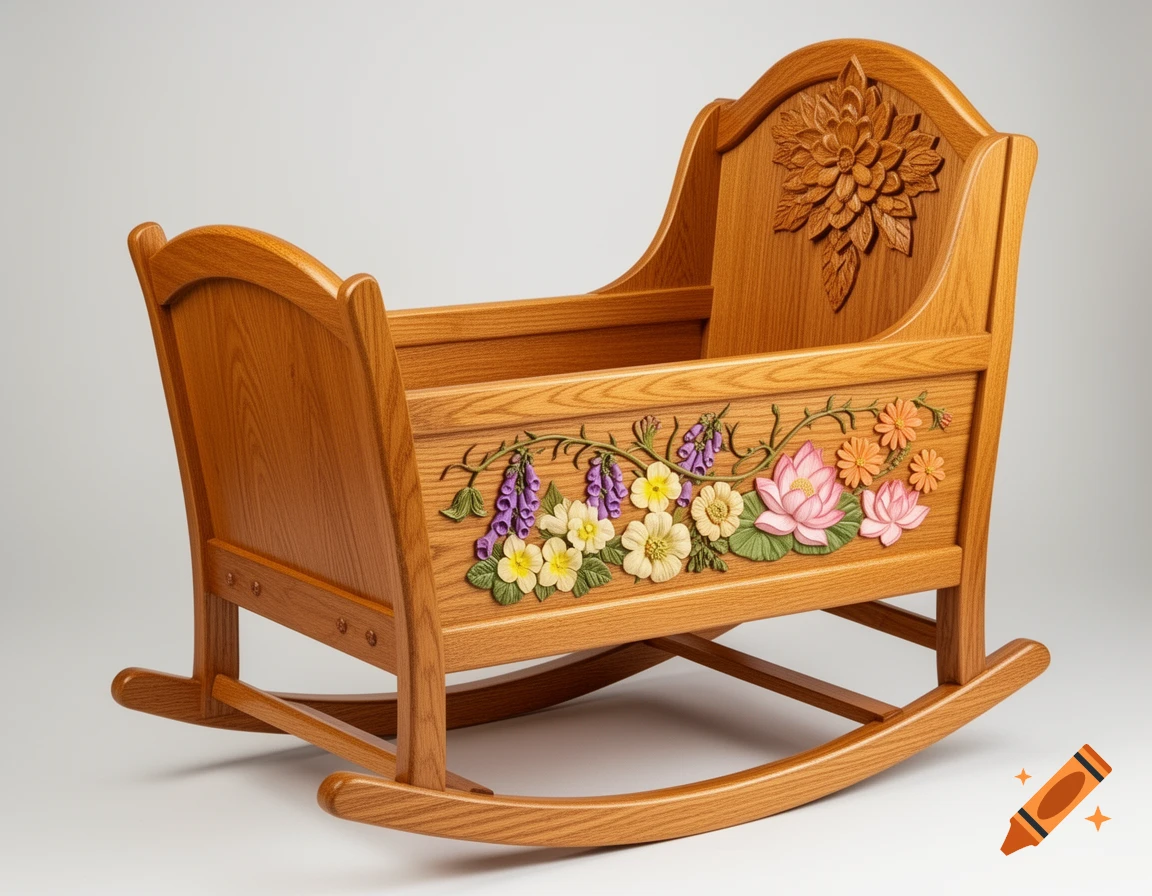 A handcrafted honey oak wooden rocking cradle with carved purple foxgloves, yellow primroses, pink lotus blossoms, and orange cosmos flowers.