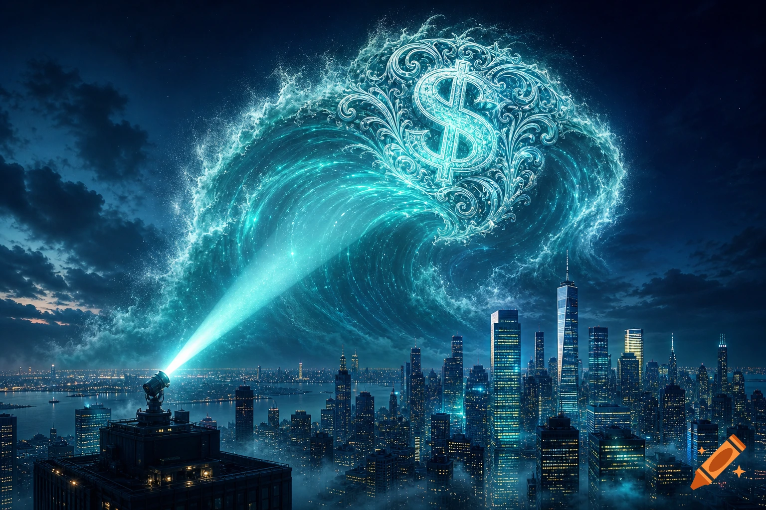A powerful, glowing blue wave with a large decorative dollar sign rises over a vast city skyline at night, lit by a spotlight.