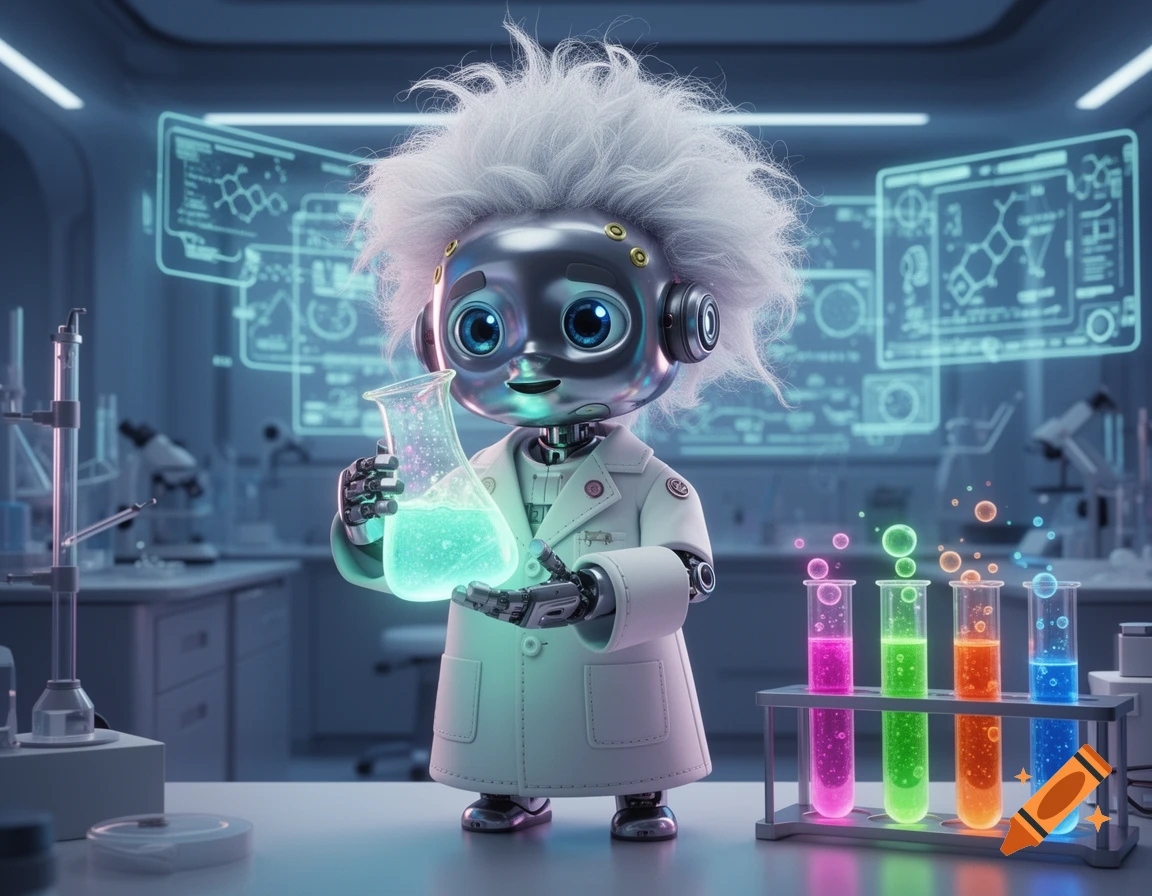 A cute robot scientist with metallic body and wild white hair like Einstein holds a glowing beaker in a futuristic lab with colorful bubbling test tubes. 3D render.