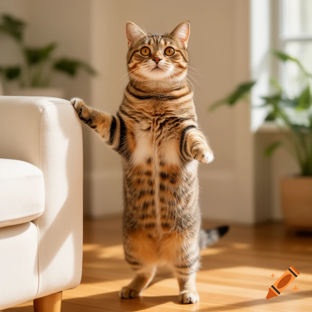 A photorealistic tabby cat stands on its hind legs, leaning on a white sofa in a sunlit room.