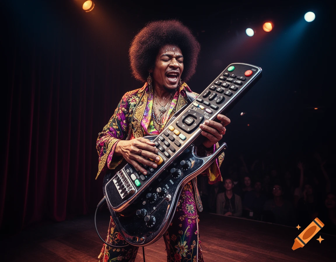 Jimi Hendrix intensely plays an oversized remote control guitar on stage under spotlights, dressed in a vibrant patterned suit.