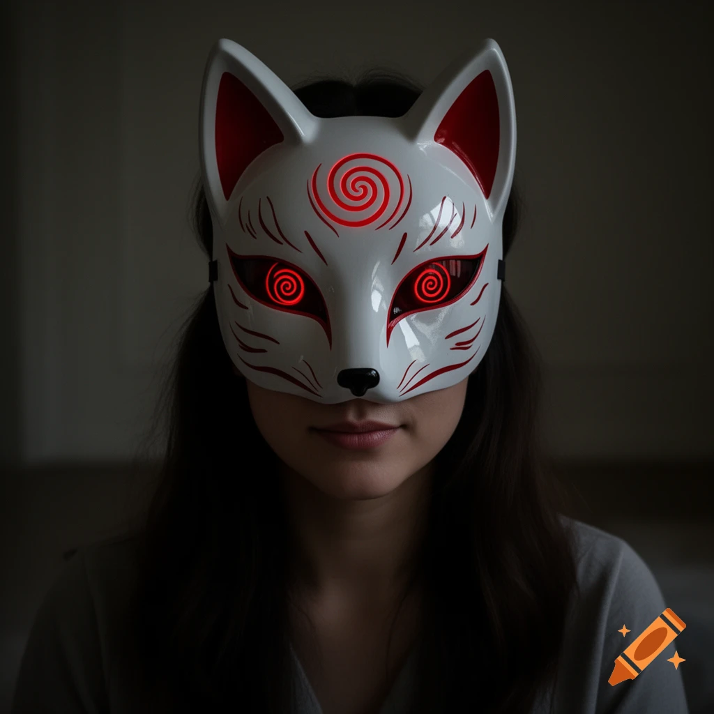 A woman wearing a white kitsune mask with red markings and glowing red spiral eyes in a dim setting.