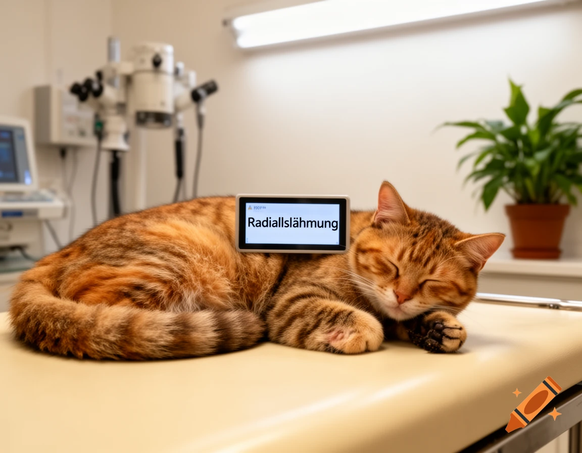 A sleeping tabby cat on a vet examination table, with a device on its back displaying 'Radialislähmung'.