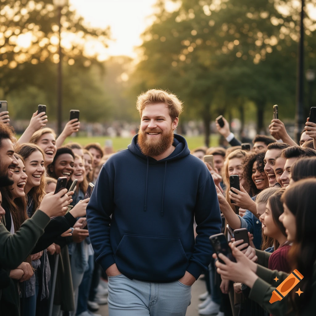 A smiling man with a beard and a navy hoodie walks through a crowd of people taking photos with their phones at sunset.
