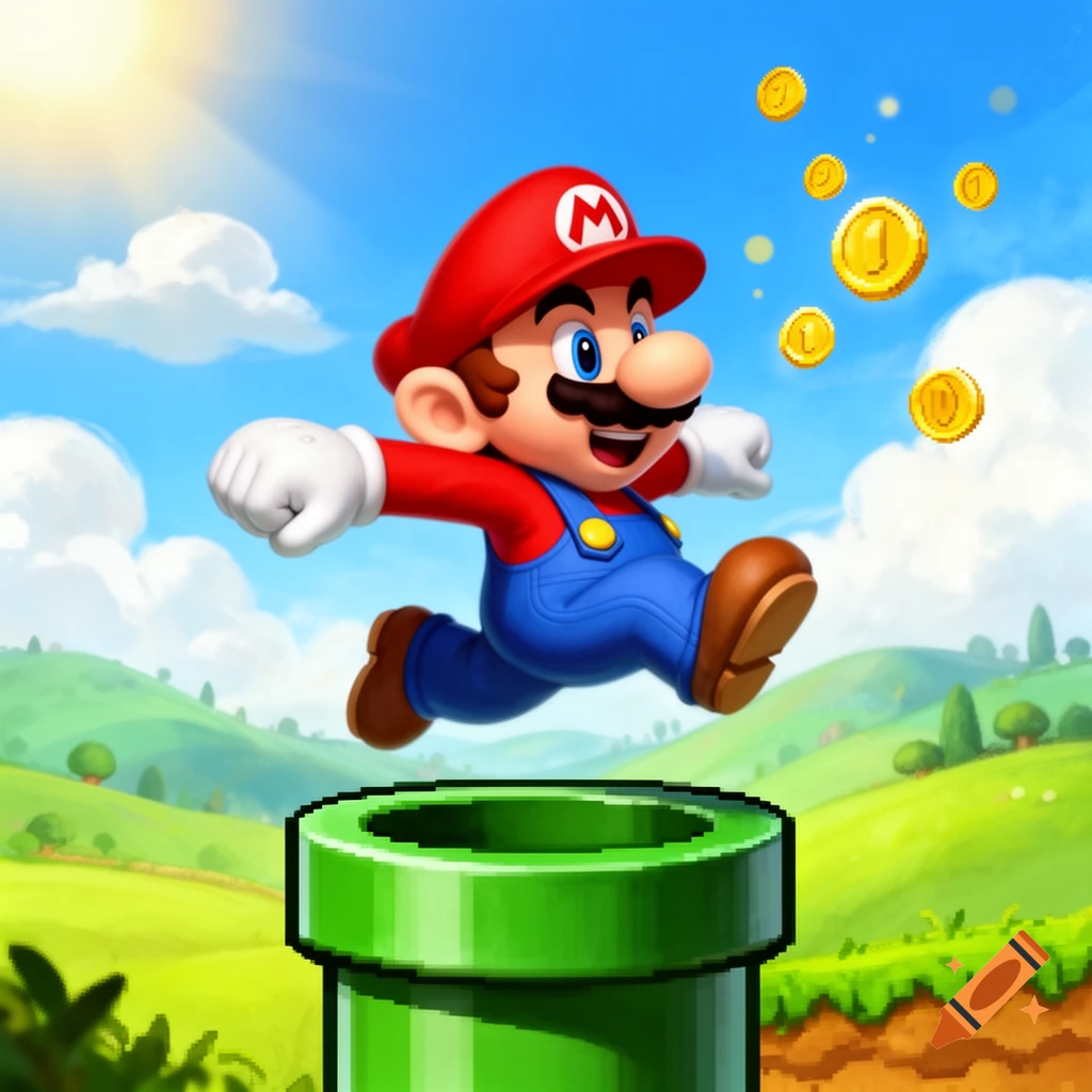 Cartoon Mario jumps over a green pipe in a sunny, grassy landscape, collecting gold coins in an illustrative style.
