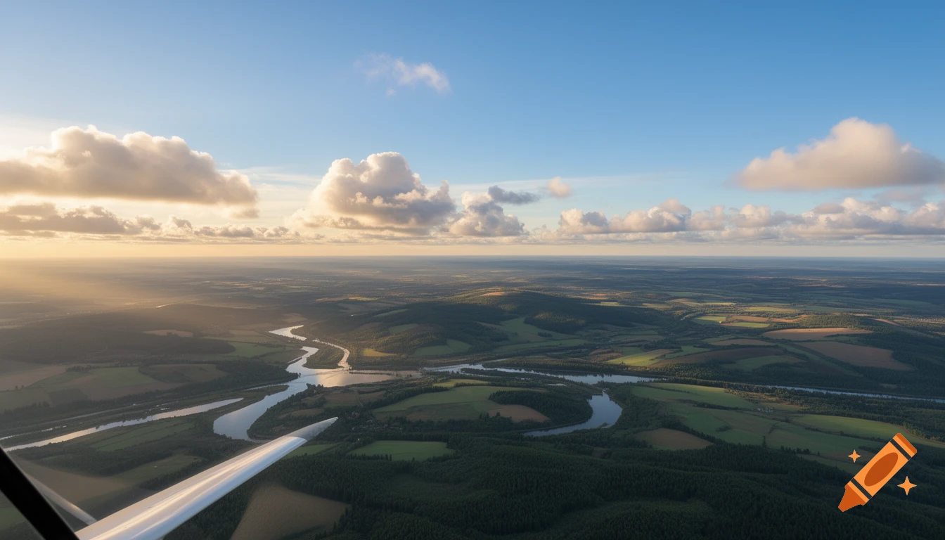 An aerial view from a glider shows a winding river through a vast green and brown landscape under a partly cloudy sky at sunset.
