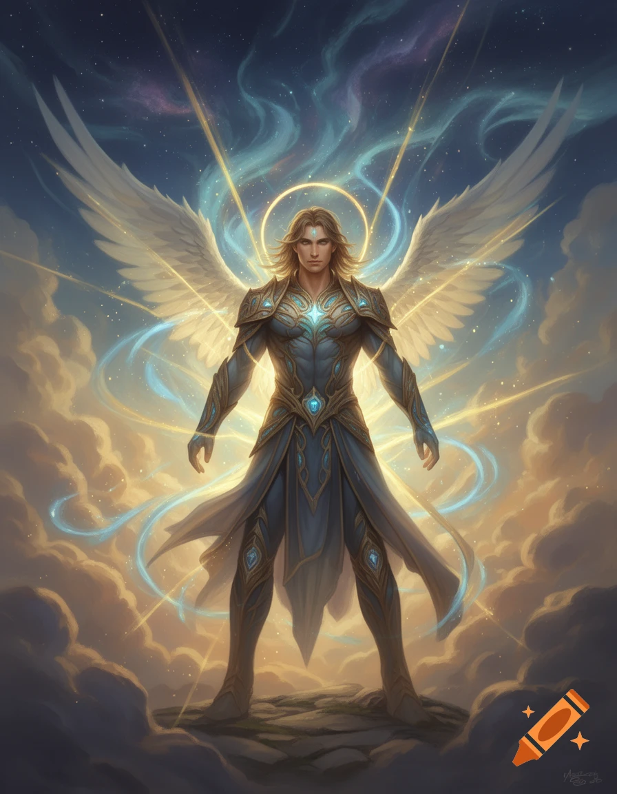 A powerful male angel with golden hair, wearing intricate blue and gold armor, stands on rocks amidst glowing clouds and a starry sky.