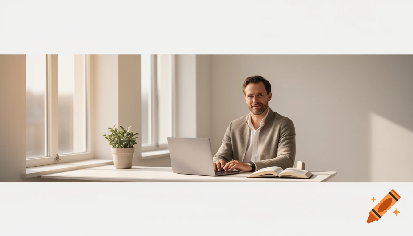 A smiling man works on a laptop at a minimalist desk with a plant and open book in a bright room with windows.