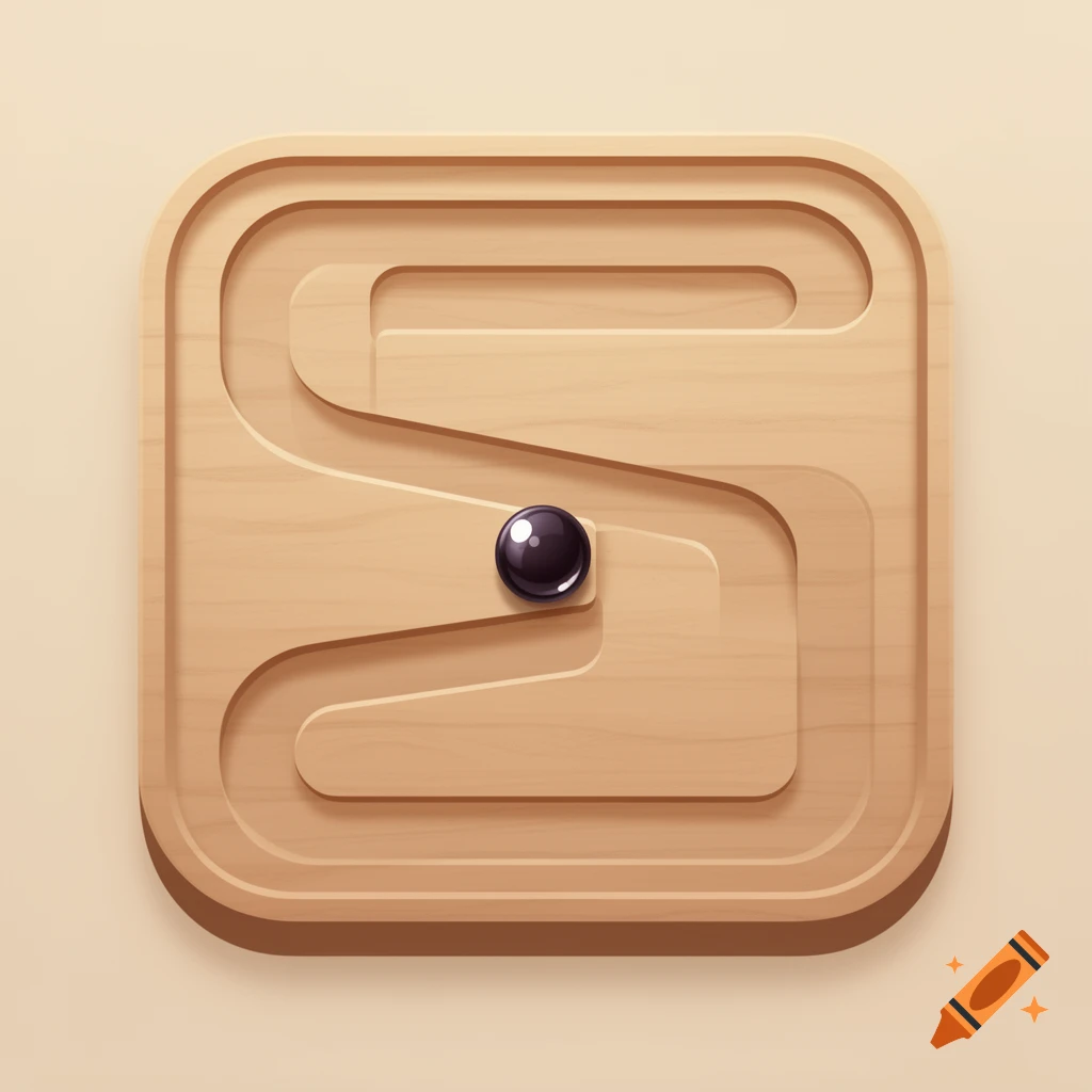 Top-down view of a light wood marble run track with a dark glossy marble ball, in a game icon style.