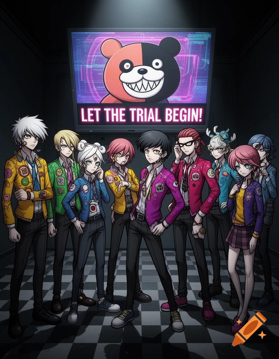 Anime characters in colorful suits stand in a dark room with a TV screen displaying a black and red bear and the text 'LET THE TRIAL BEGIN!'