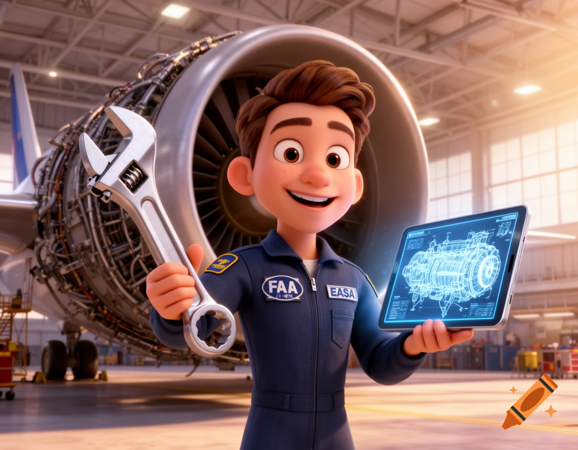 A cheerful 3D cartoon aircraft mechanic in a blue jumpsuit holds a wrench and a tablet with schematics in an airplane hangar.