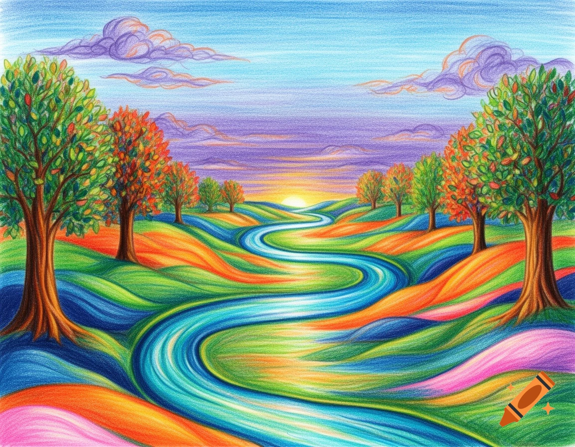 A vibrant landscape drawing with a winding blue river, colorful trees, and rolling hills under a gradient sky, with a colored pencil texture.