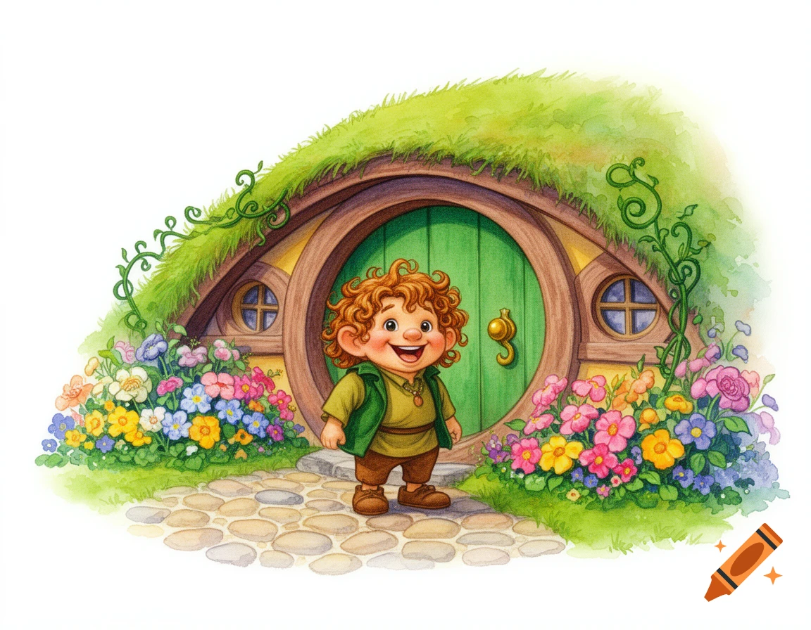 A happy little hobbit stands in front of a cozy round green hobbit hole surrounded by colorful flowers, in a watercolor illustration.