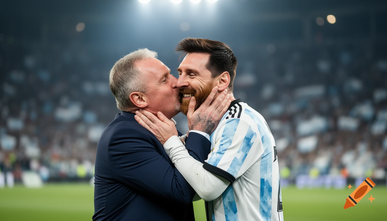 A man in a suit kisses Lionel Messi on the cheek, holding his face, as Messi smiles on a football pitch.
