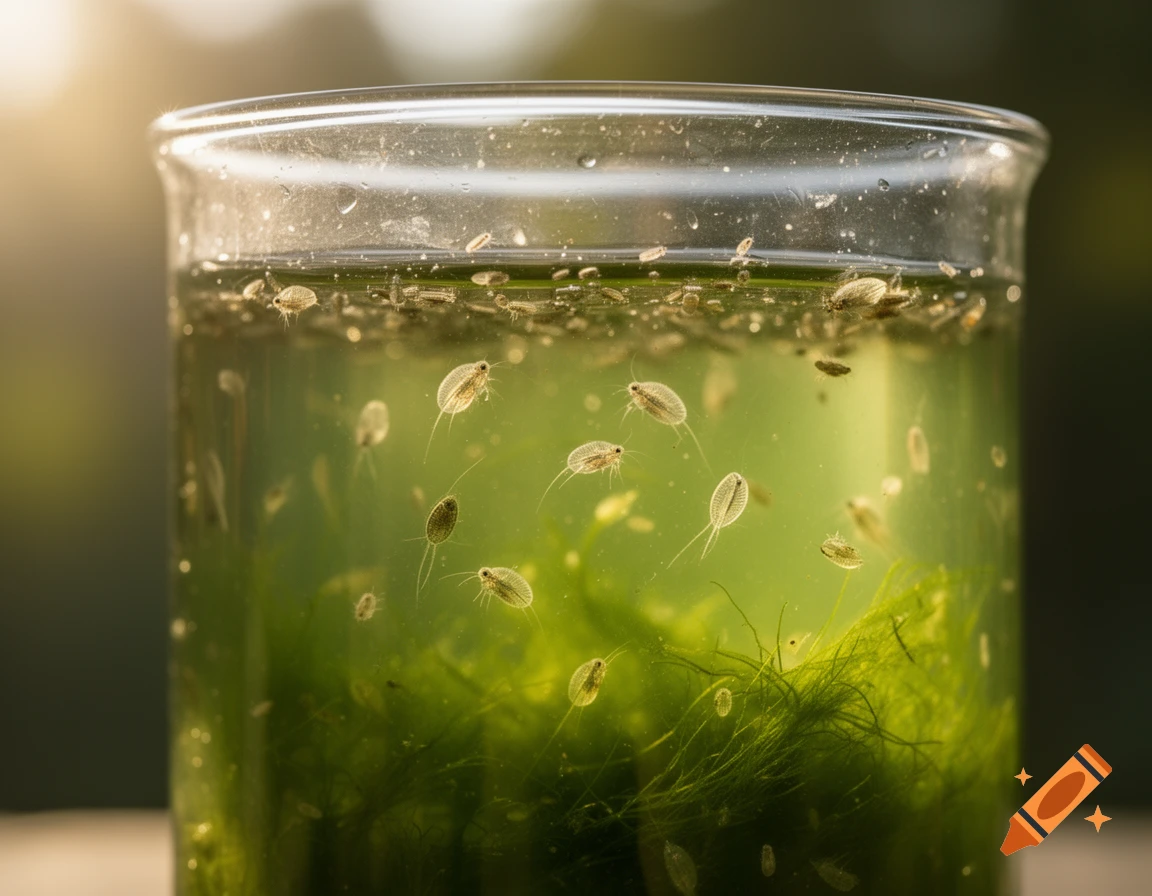 Close-up of a glass beaker with green water, algae, and numerous small, transparent aquatic organisms.