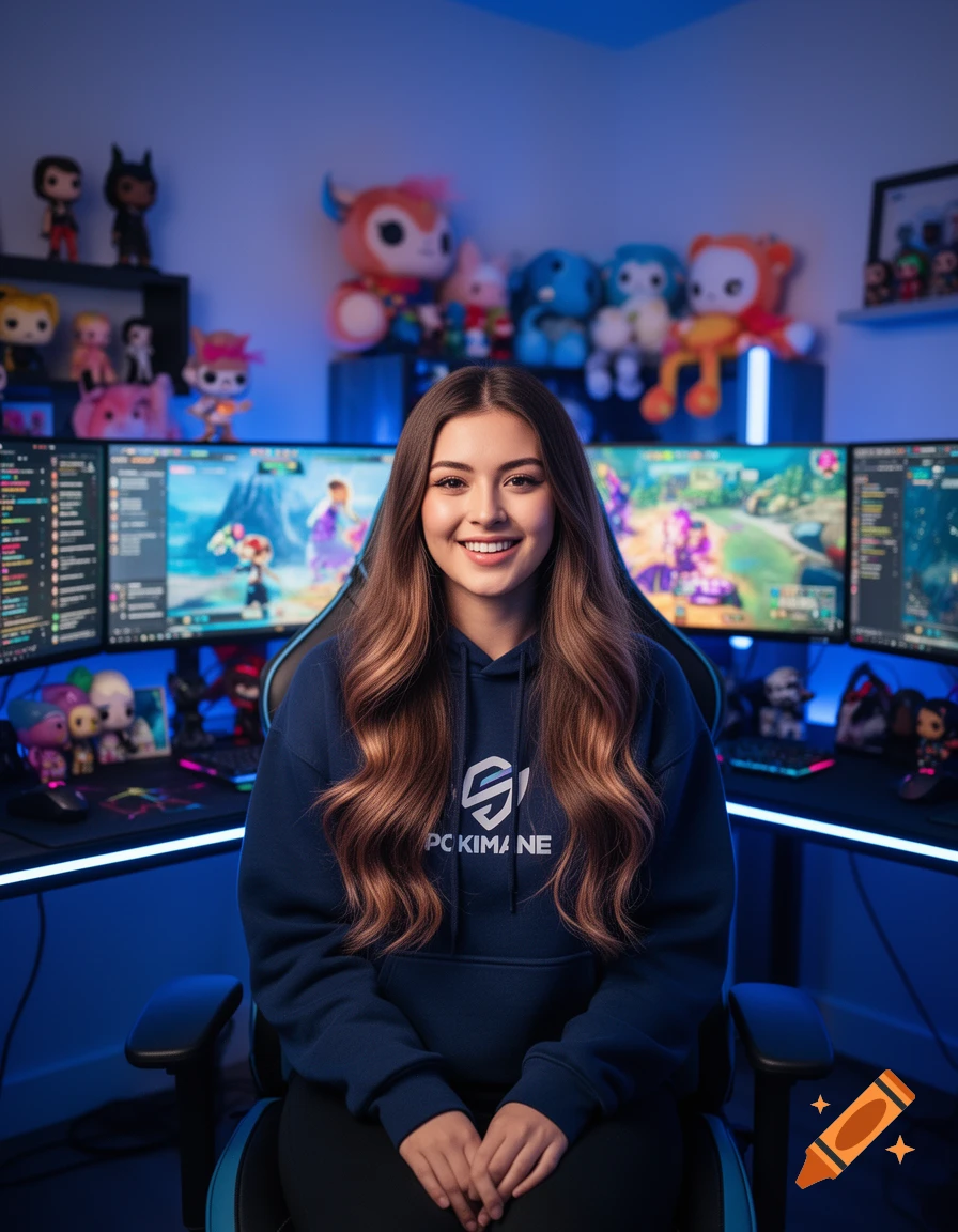 A young woman with long brown hair smiles, sitting in a gaming chair in front of multiple illuminated computer monitors. She wears a navy hoodie with a white logo.