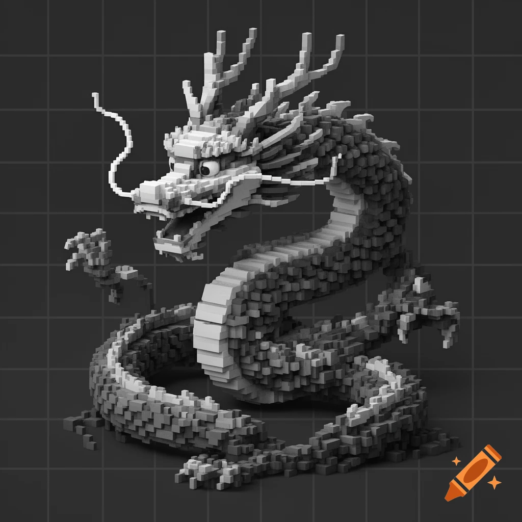 A grayscale voxel art Chinese dragon, coiled, with open mouth, against a dark grid background.