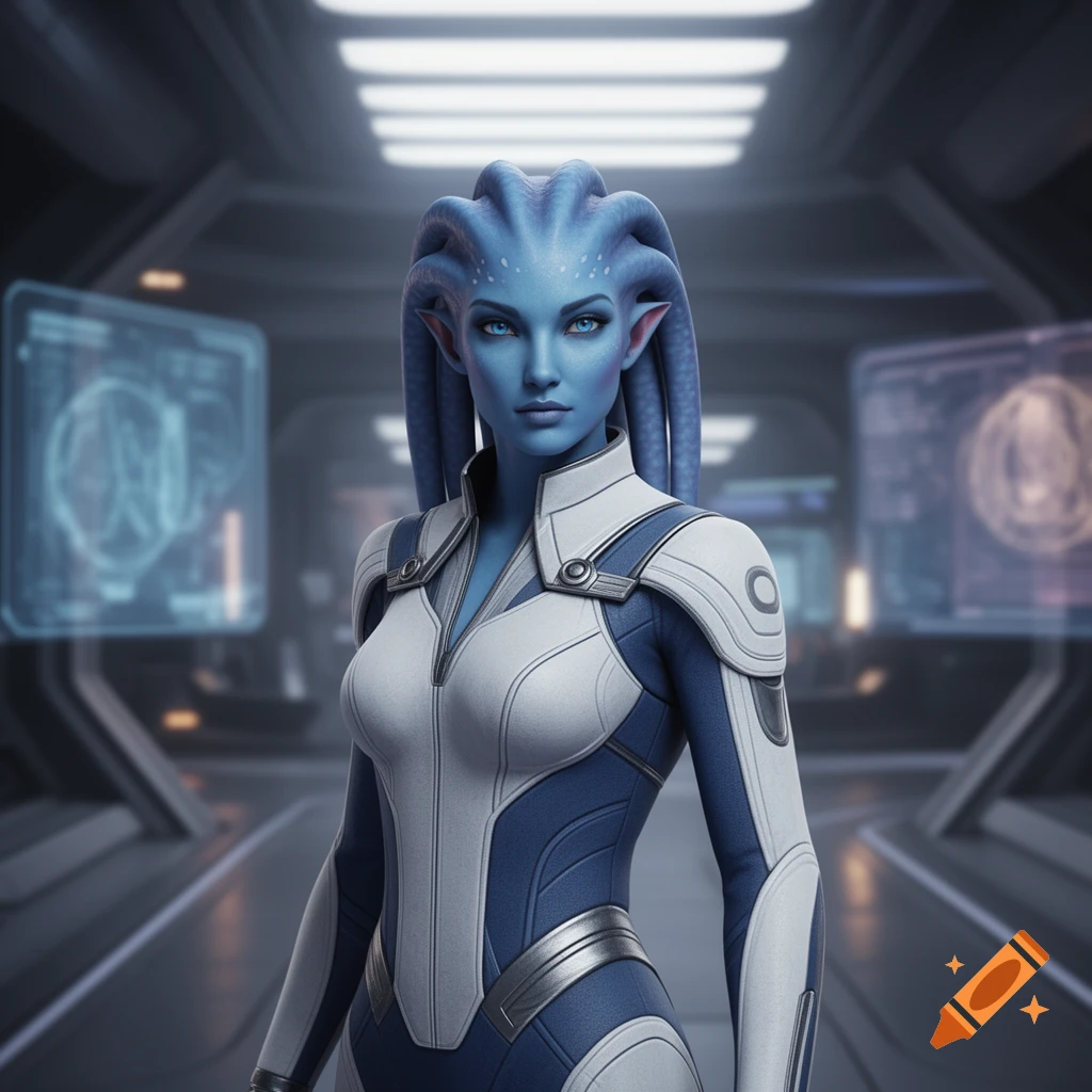 A blue-skinned alien woman with tentacle-like head tendrils and glowing blue eyes wears a white and blue futuristic suit in a spaceship corridor.