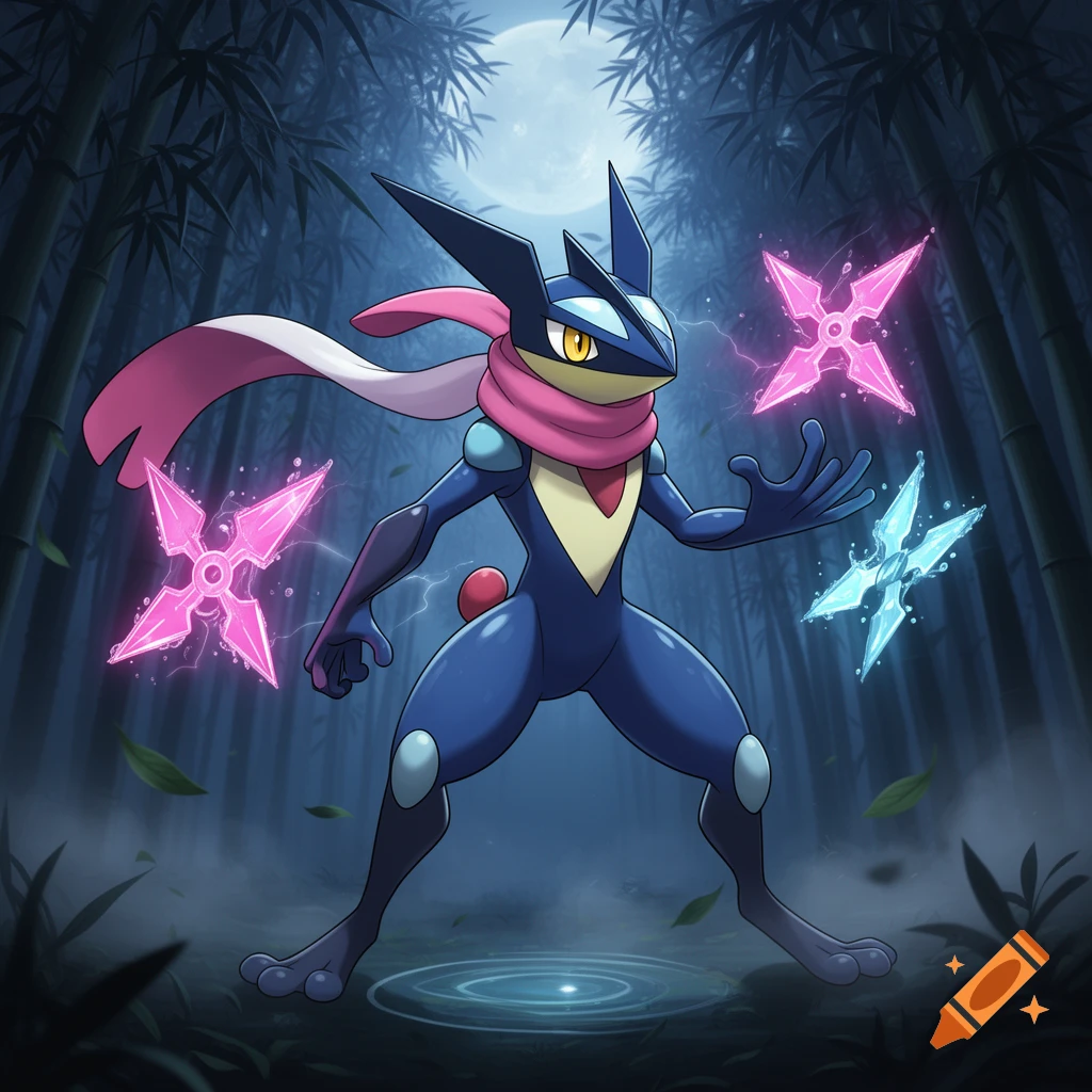 A blue ninja frog Pokmon, Greninja, poses with glowing pink and blue shurikens in a dark bamboo forest under a full moon.